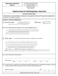 Document preview: Veterinary Technician Form 4 Verification of Professional Practice - New York