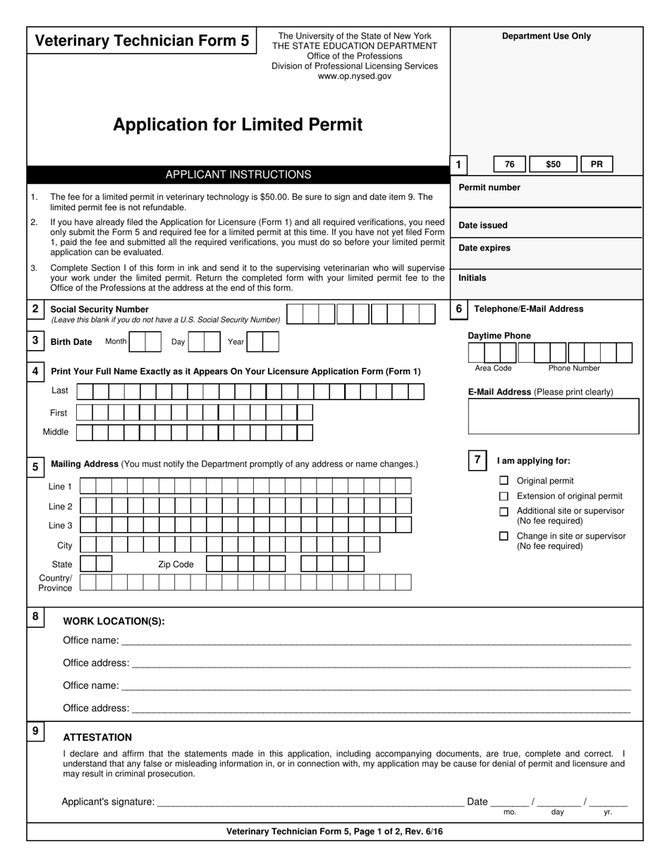 Veterinary Technician Form 5 Application for Limited Permit - New York, Page 1