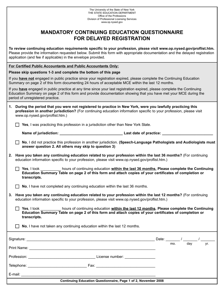 Mandatory Continuing Education Questionnaire for Delayed Registration - New York, Page 1