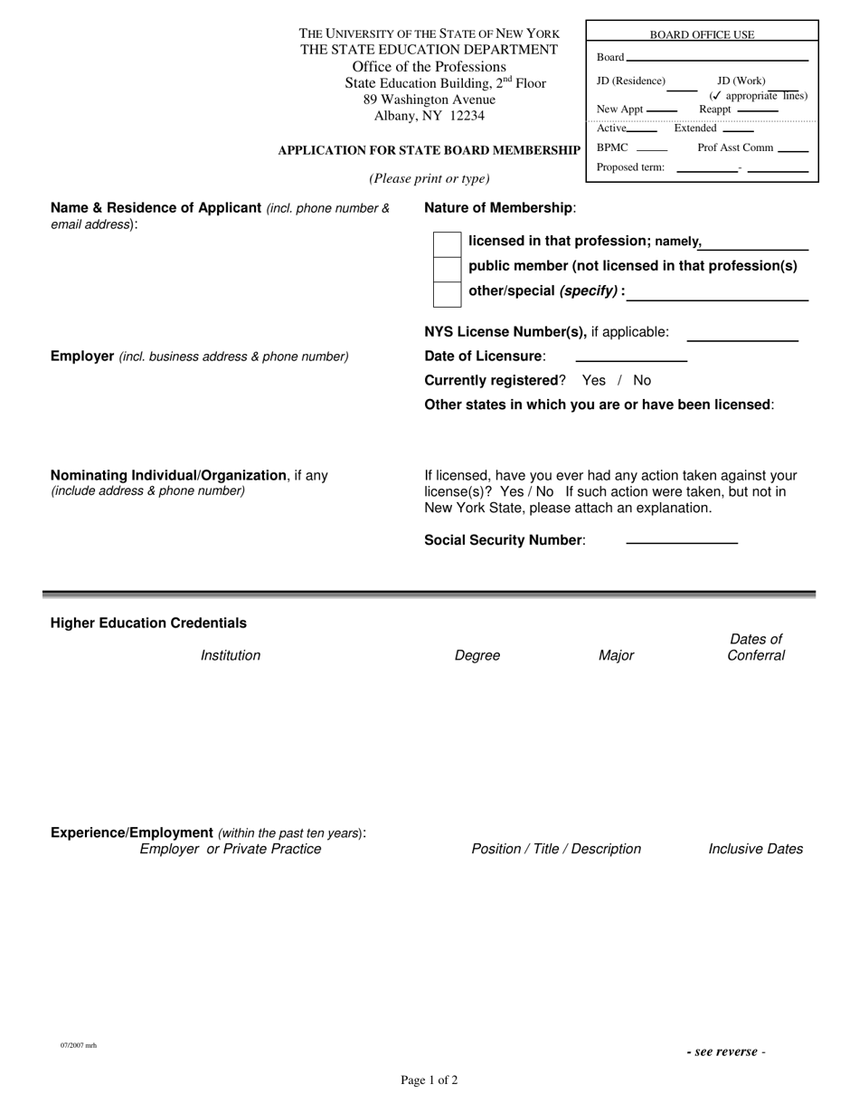 Application for State Board Membership - New York, Page 1