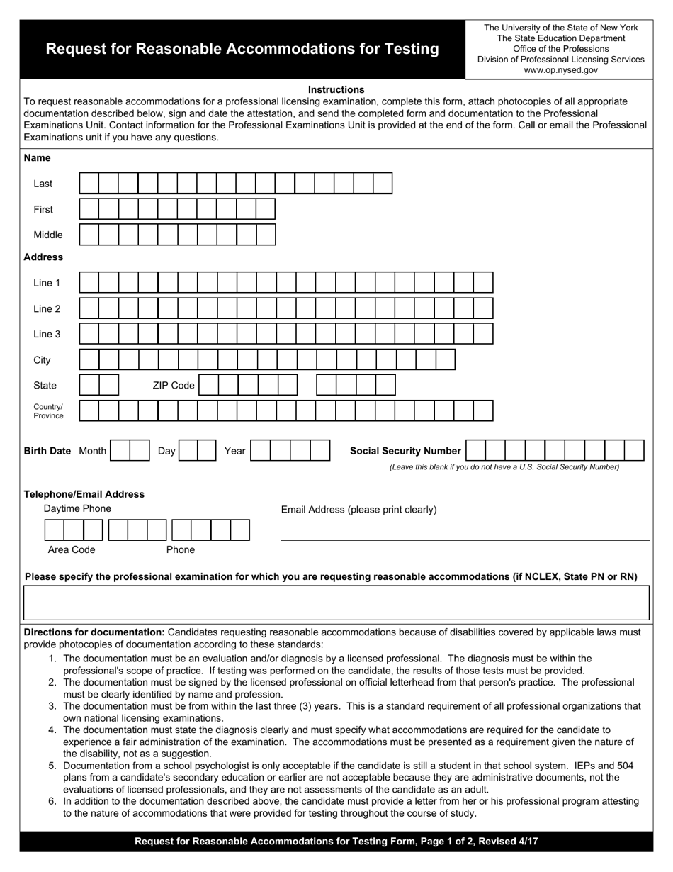 Request for Reasonable Accommodations for Testing - New York, Page 1