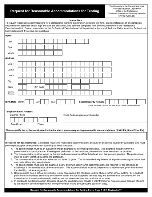 Request for Reasonable Accommodations for Testing - New York Download Pdf