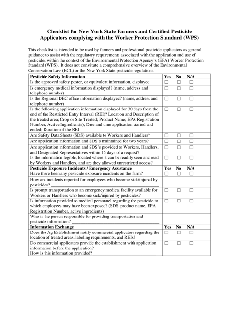 Checklist for New York State Farmers and Certified Pesticide Applicators Complying With the Worker Protection Standard (Wps) - New York Download Pdf