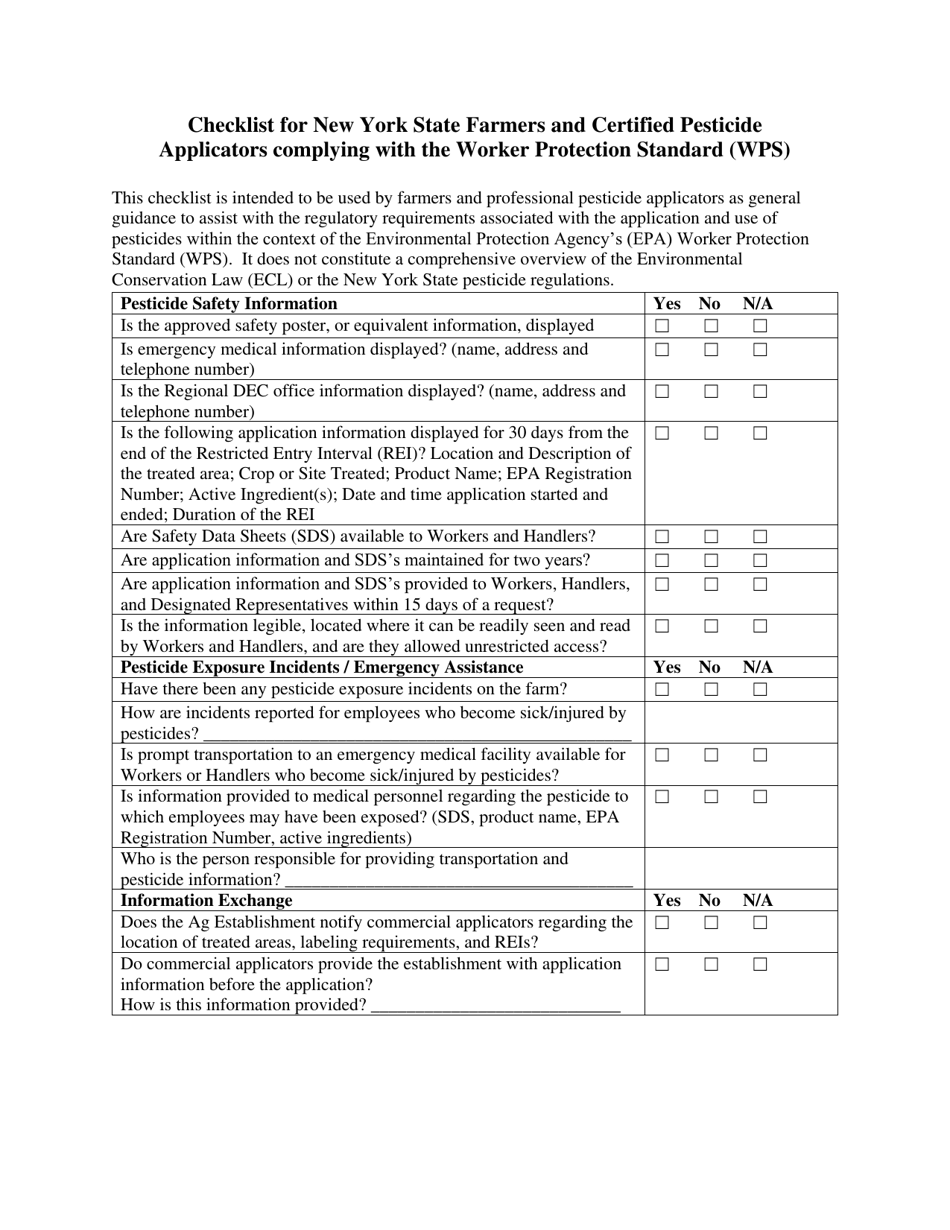 Checklist for New York State Farmers and Certified Pesticide Applicators Complying With the Worker Protection Standard (Wps) - New York, Page 1