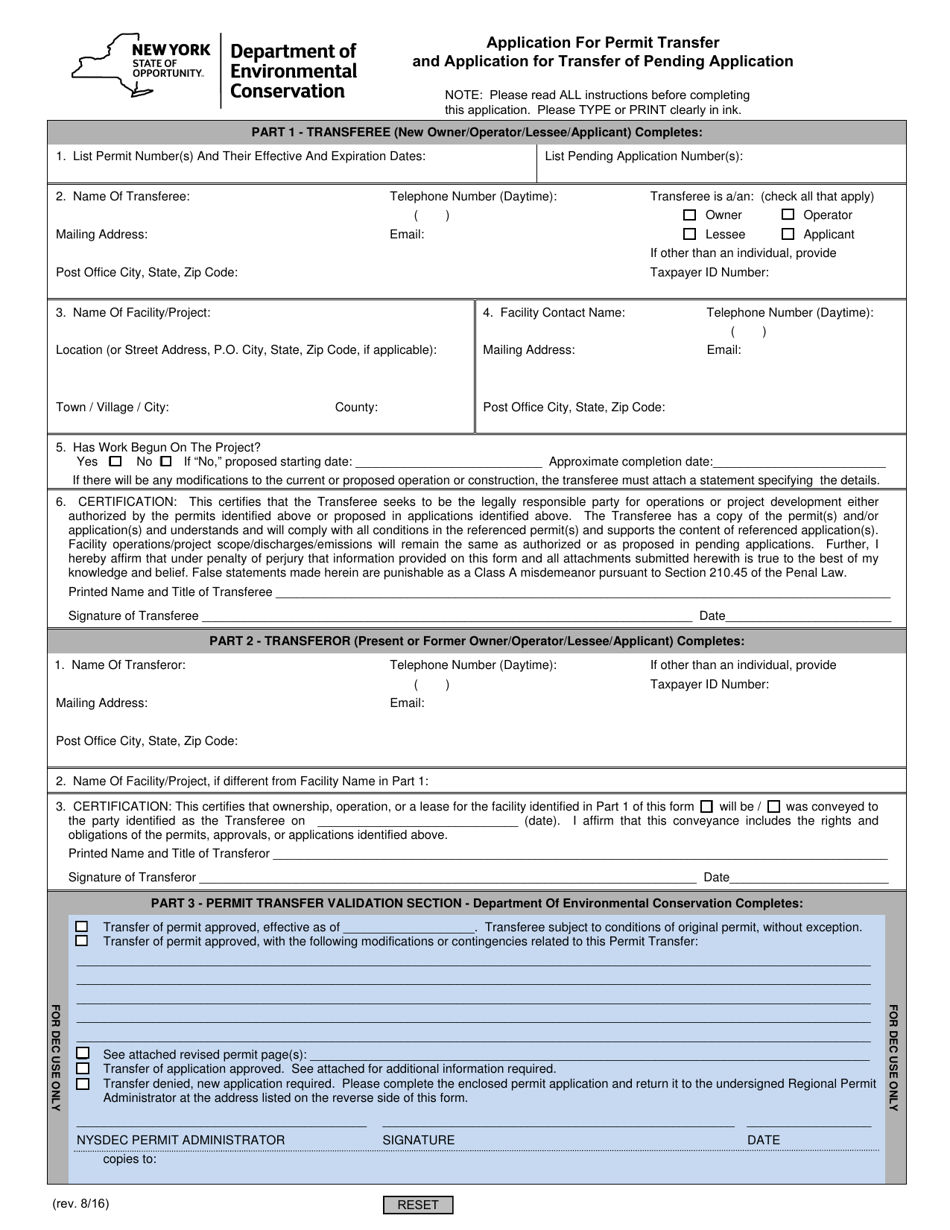 Application for Permit Transfer and Application for Transfer of Pending Application - New York, Page 1