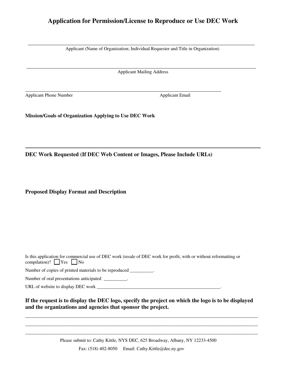 Application for Permission / License to Reproduce or Use Dec Work - New York, Page 1
