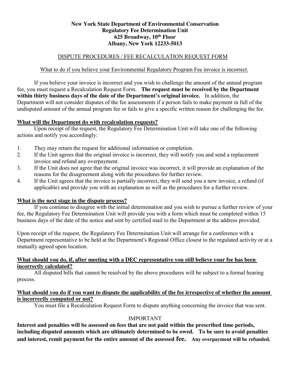 Dispute Procedures / Fee Recalculation Request Form - New York, Page 1