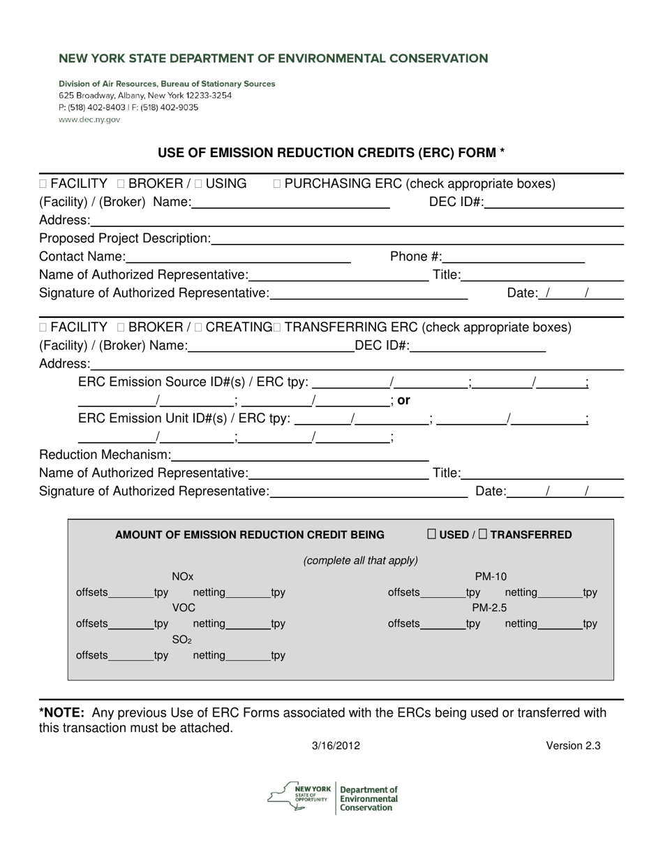 Use of Emission Reduction Credits (Erc) Form - New York, Page 1
