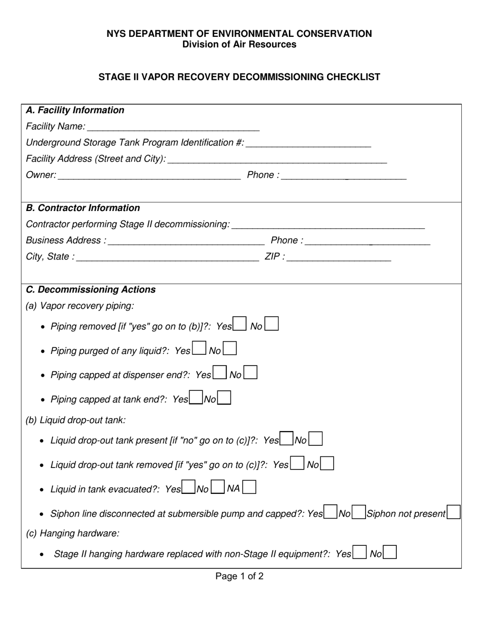 Stage II Vapor Recovery Decommissioning Checklist - New York, Page 1