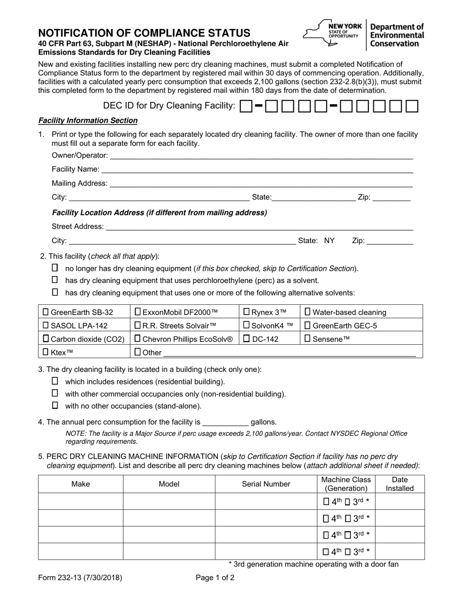 Form 232-13 Notification of Compliance Status - New York, Page 1