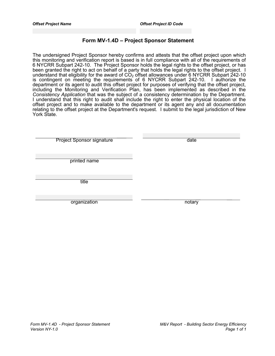 Form MV-1.4D Project Sponsor Statement - New York, Page 1