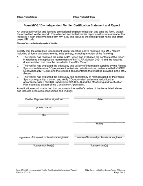 Form MV-3.1D Independent Verifier Certification Statement and Report - New York