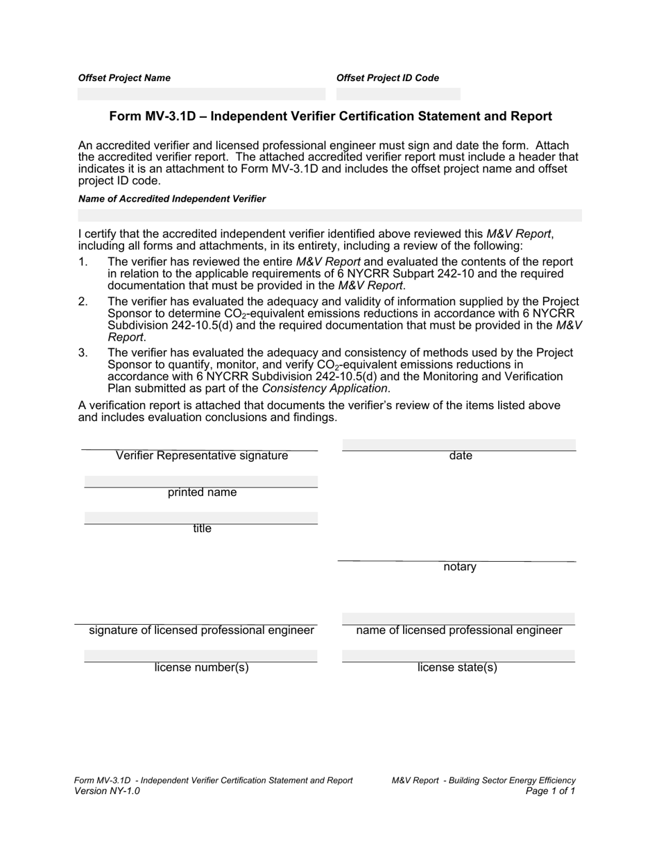 Form MV-3.1D Independent Verifier Certification Statement and Report - New York, Page 1