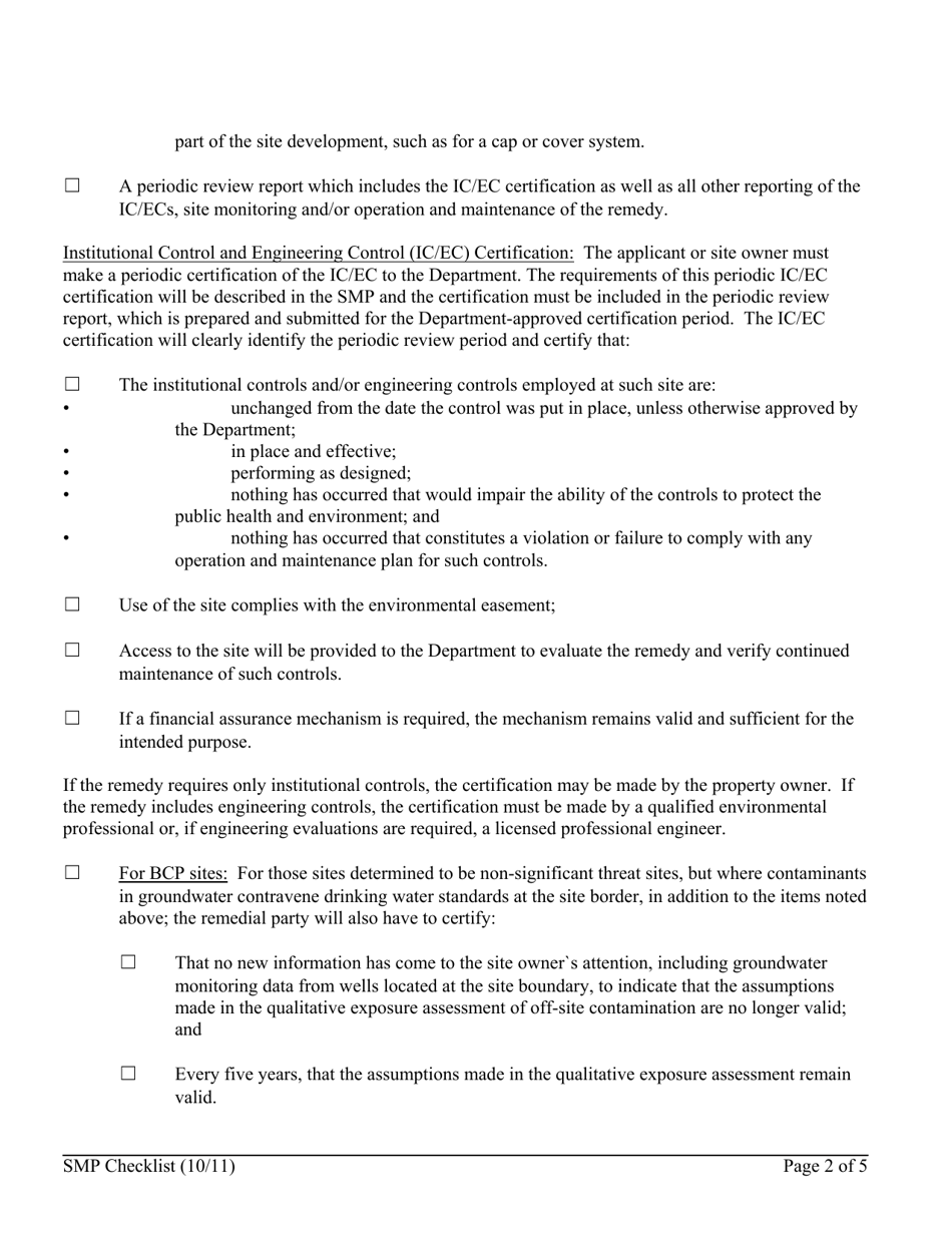 Site Management Plan (SMP) Checklist for Bcp, Erp, Ssf and Vcp Sites - New York, Page 2