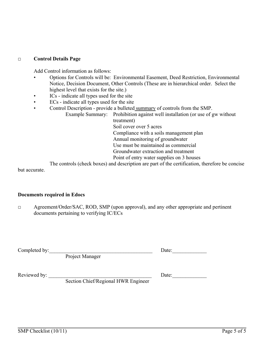 Site Management Plan (SMP) Checklist for Bcp, Erp, Ssf and Vcp Sites - New York, Page 5