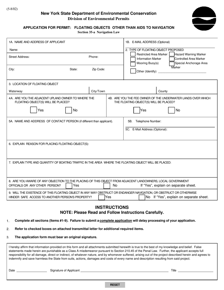Application for Permit: Floating Objects Other Than AIDS to Navigation - New York, Page 1
