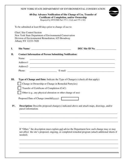 60-day Advance Notification of Site Change of Use, Transfer of Certificate of Completion, and / or Ownership - New York Download Pdf