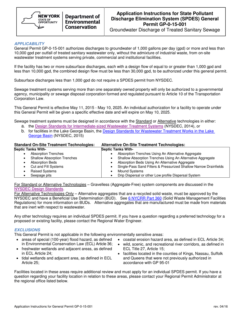 Instructions for General Permit 0-15-001 Application Form - New York, Page 1
