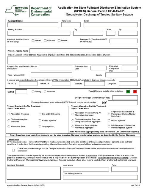 General Permit 0-15-001 Application Form - New York Download Pdf