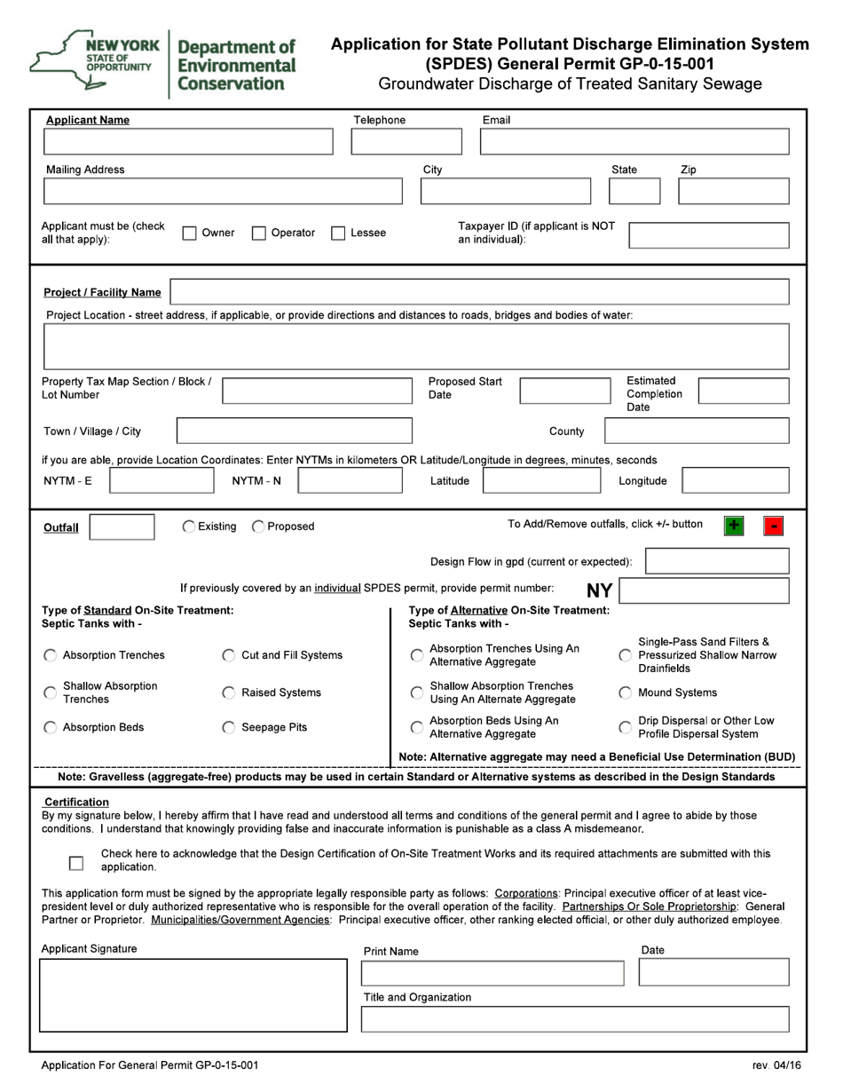 General Permit 0-15-001 Application Form - New York, Page 1