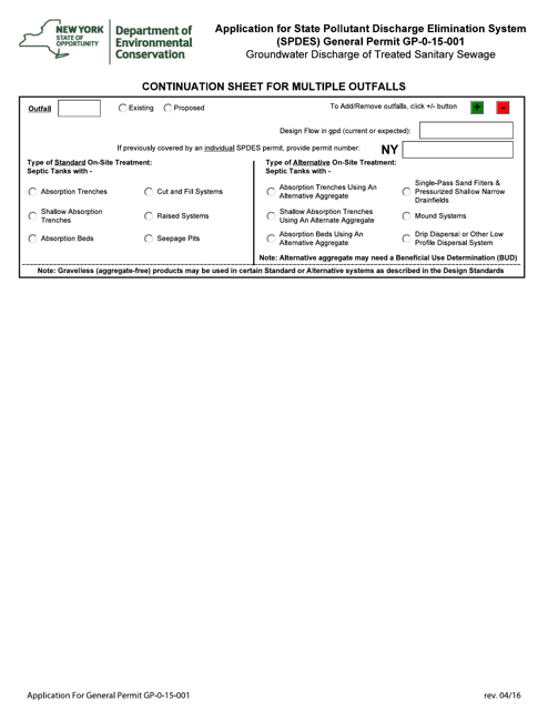 General Permit 0-15-001 Application Form Continuation Sheet for Multiple Outfalls - New York Download Pdf