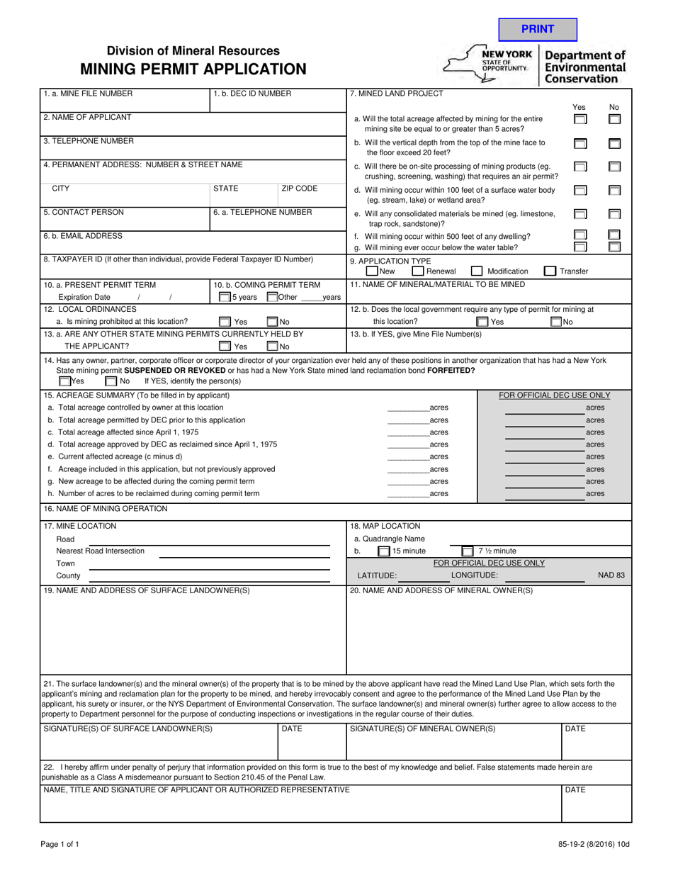 Form 85-19-2 Mining Permit Application - New York, Page 1