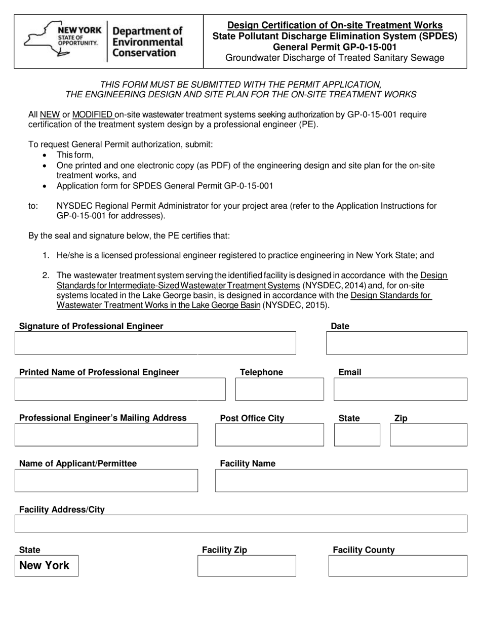 General Permit 0-15-001 Design Certification Form - New York, Page 1