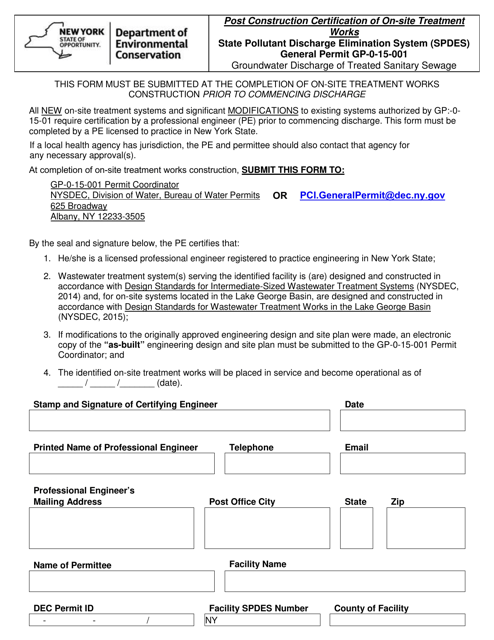 General Permit 0-15-001 Post-construction Certification Form - New York Download Pdf