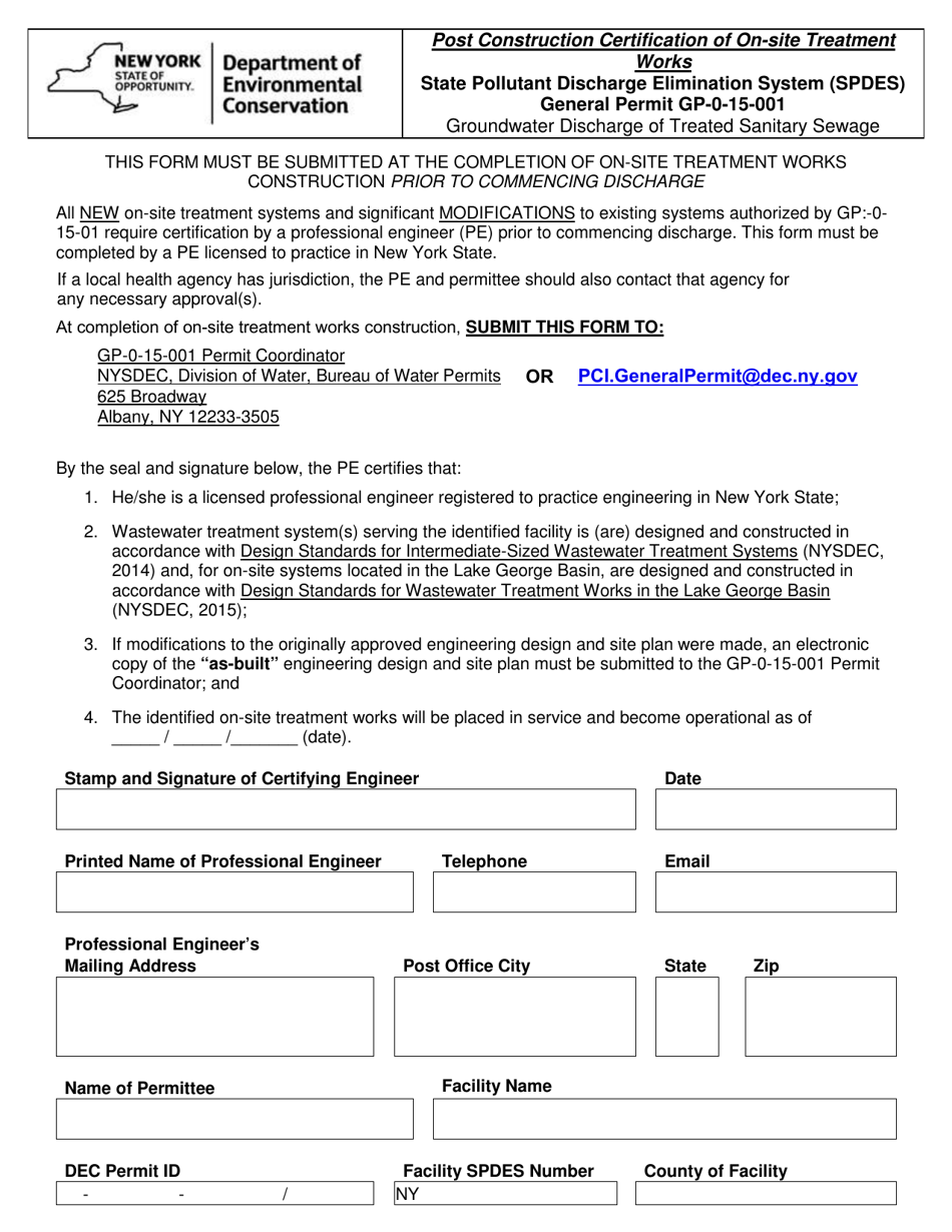 New York General Permit 015001 Postconstruction Certification Form