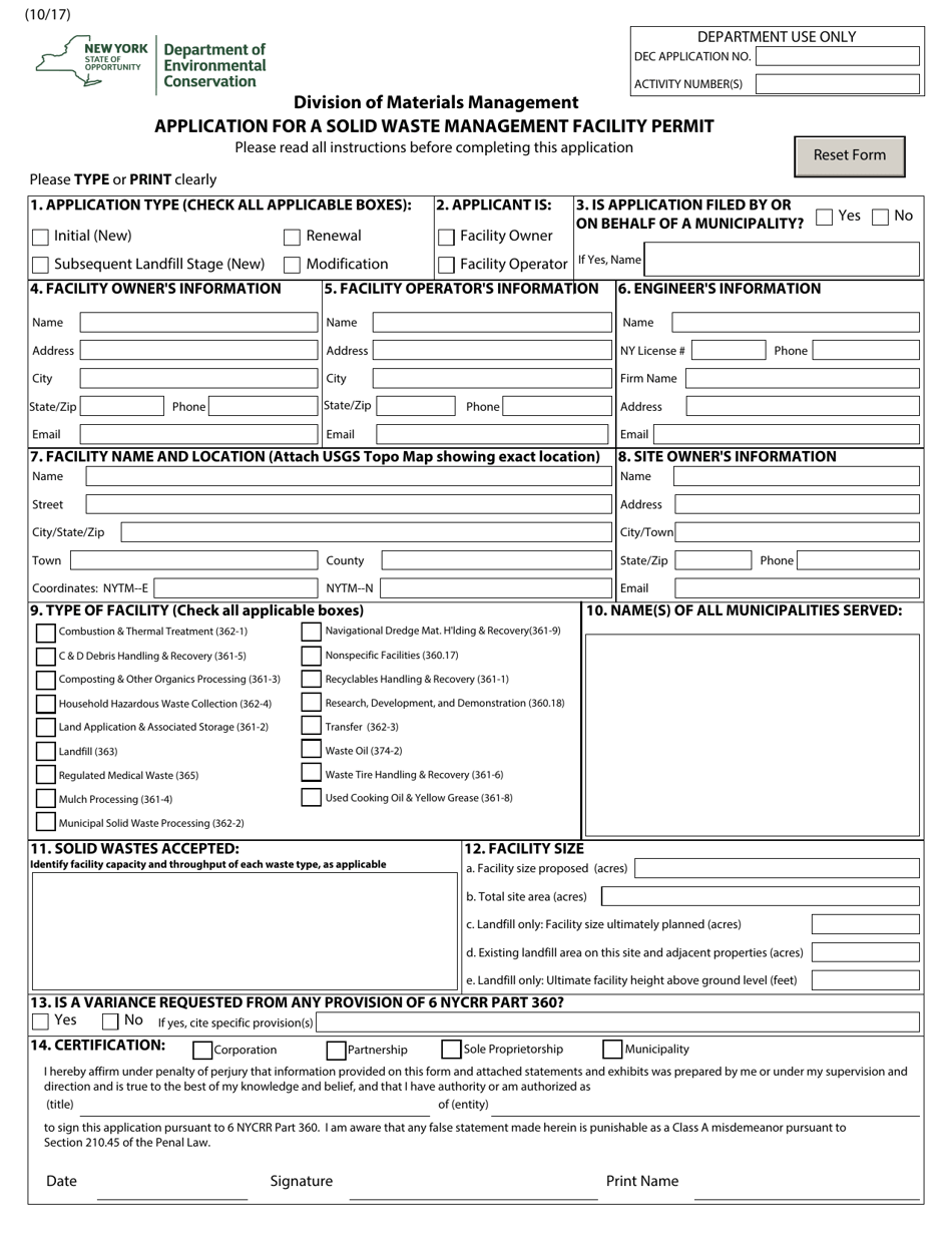 New York Application for a Solid Waste Management Facility Permit