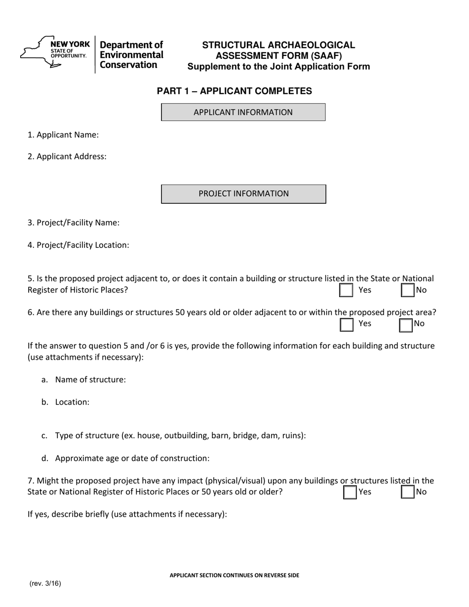 Structural Archaeological Assessment Form (Saaf) - New York, Page 1