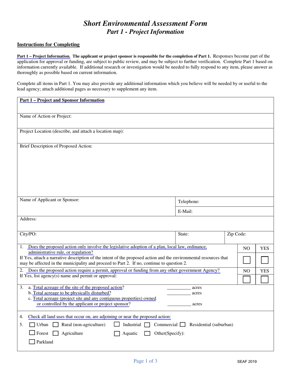 Part 1 Short Environmental Assessment Form - Project Information - New York, Page 1