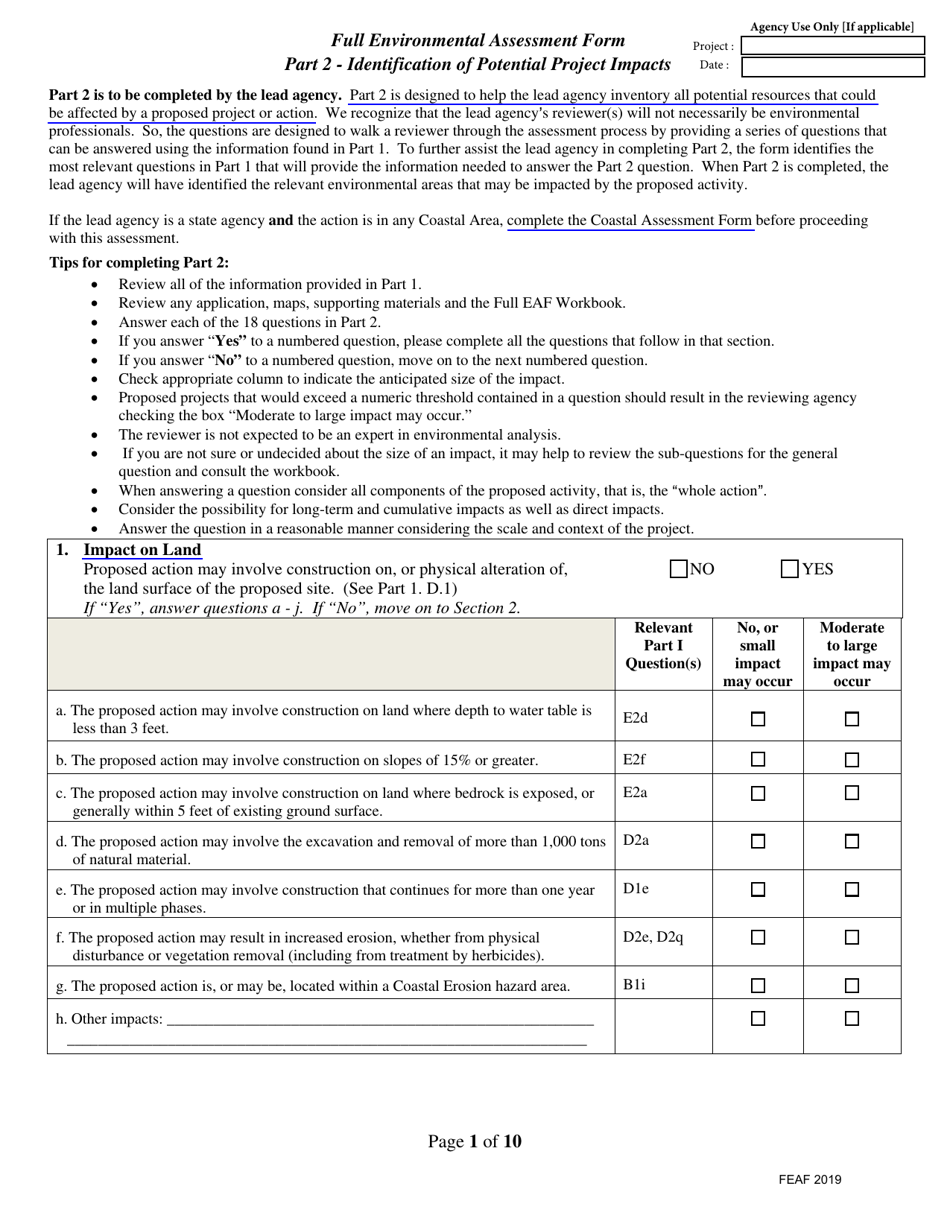 Full Environmental Assessment Form Part 2 - Identification of Potential Project Impacts - New York, Page 1