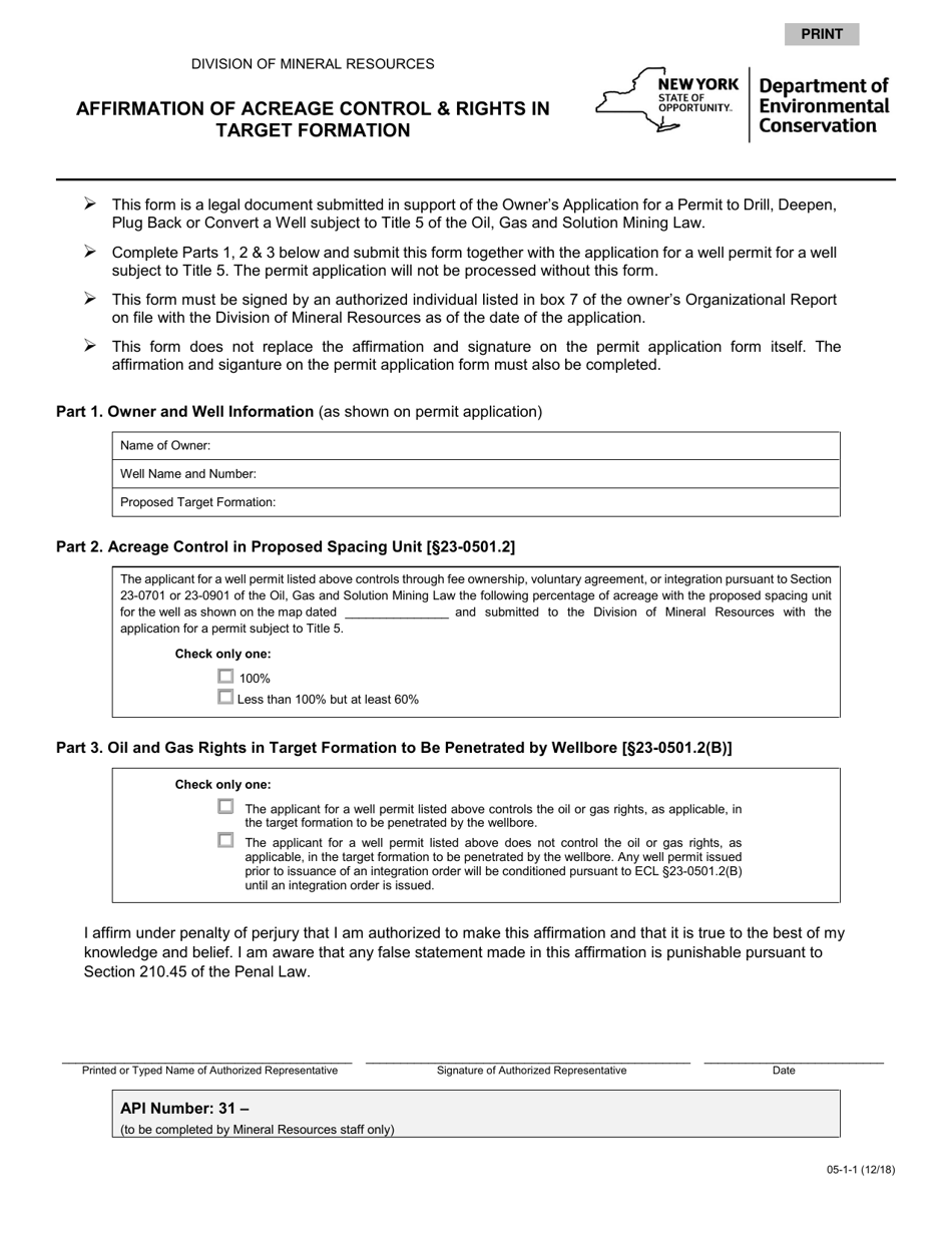 Form 05-1-1 Affirmation of Acreage Control  Rights in Target Formation - New York, Page 1