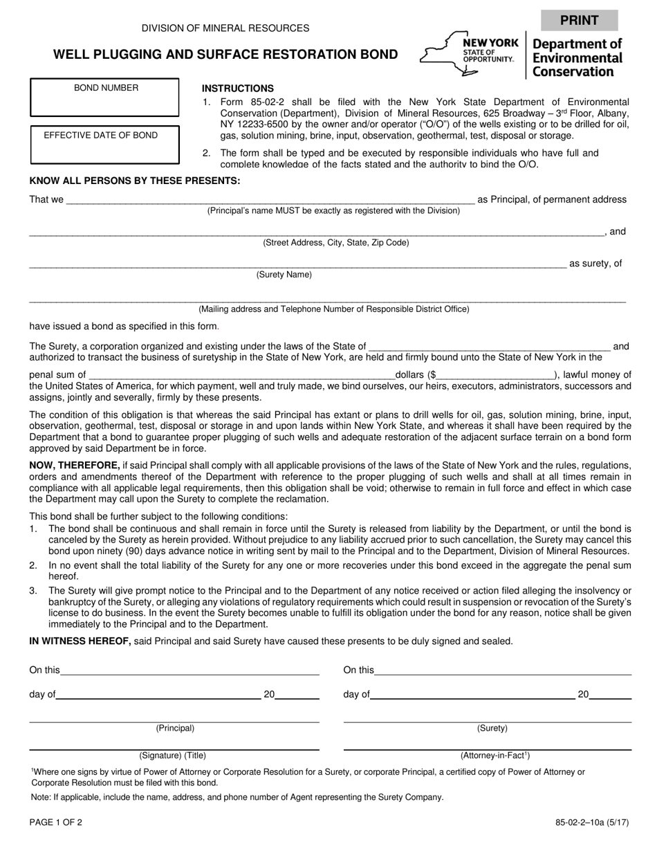 Form 85-02-210A Well Plugging and Surface Restoration Bond - New York, Page 1