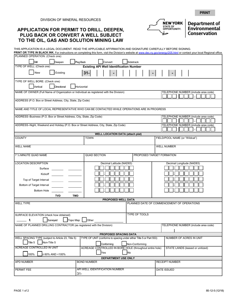 Form 85-12-5 Application for Permit to Drill, Deepen, Plug Back or Convert a Well Subject to the Oil, Gas and Solution Mining Law - New York, Page 1