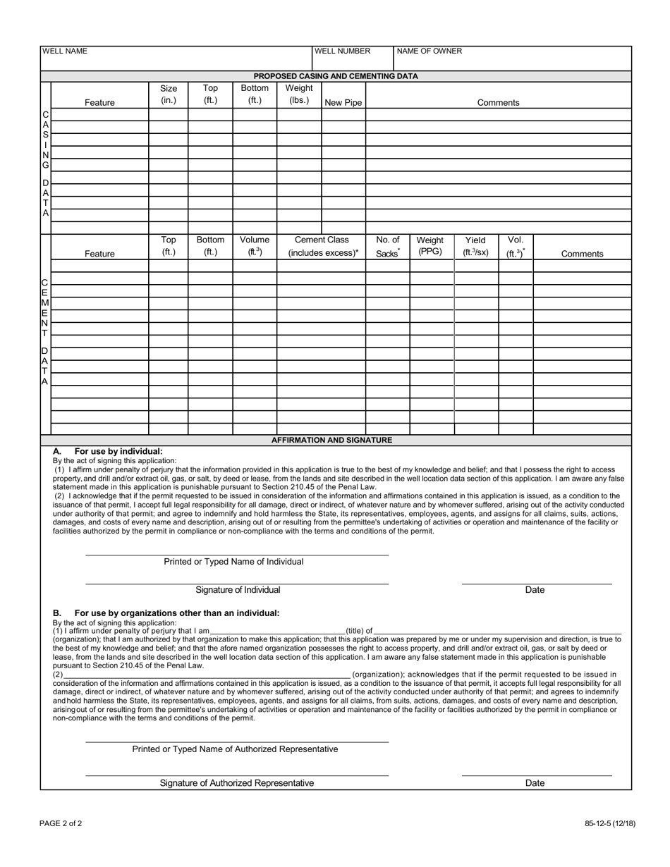 Form 85-12-5 Application for Permit to Drill, Deepen, Plug Back or Convert a Well Subject to the Oil, Gas and Solution Mining Law - New York, Page 2