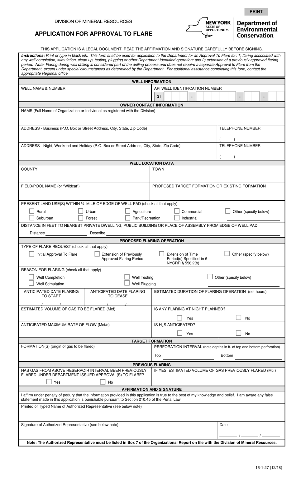Form 16-1-27 Application for Approval to Flare - New York, Page 1