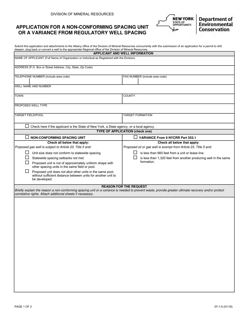 Form 07-1-5 Application for a Non-conforming Spacing Unit or a Variance From Regulatory Well Spacing - New York, Page 1