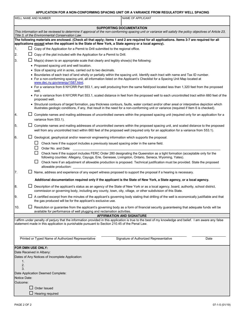Form 07-1-5 Application for a Non-conforming Spacing Unit or a Variance From Regulatory Well Spacing - New York, Page 2