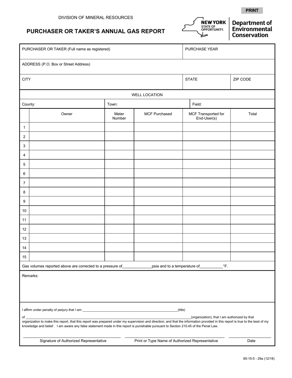 Form 85-15-5 - 29A Purchaser or Takers Annual Gas Report - New York, Page 1