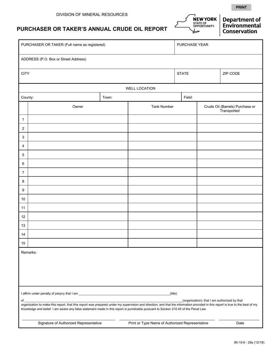 Form 85-15-6 - 29A Purchaser or Takers Annual Crude Oil Report - New York, Page 1