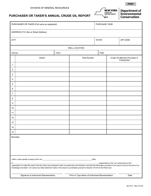 Form 85-15-6 - 29A Purchaser or Taker's Annual Crude Oil Report - New York