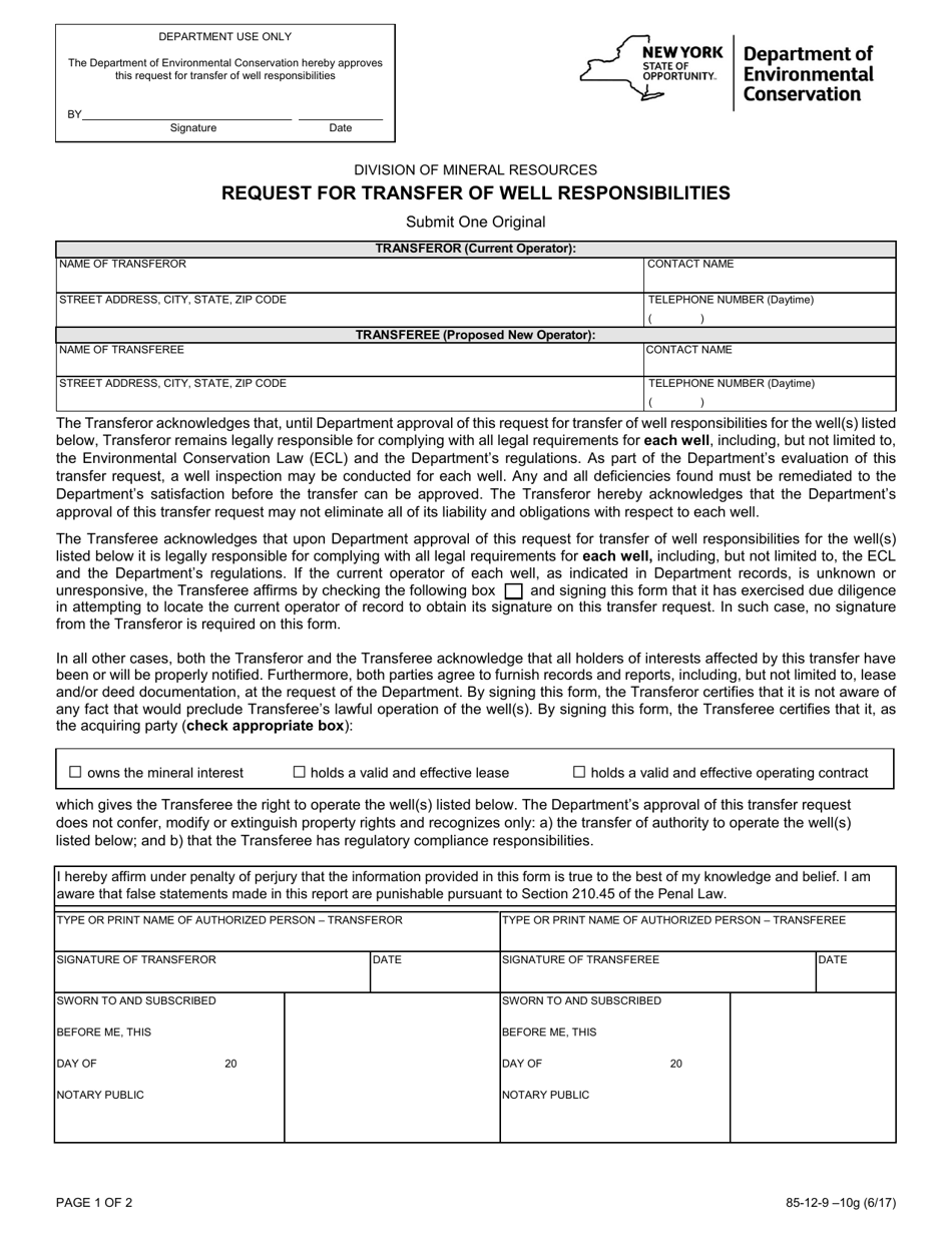 Form 85-12-9 10G Request for Transfer of Well Responsibilities - New York, Page 1