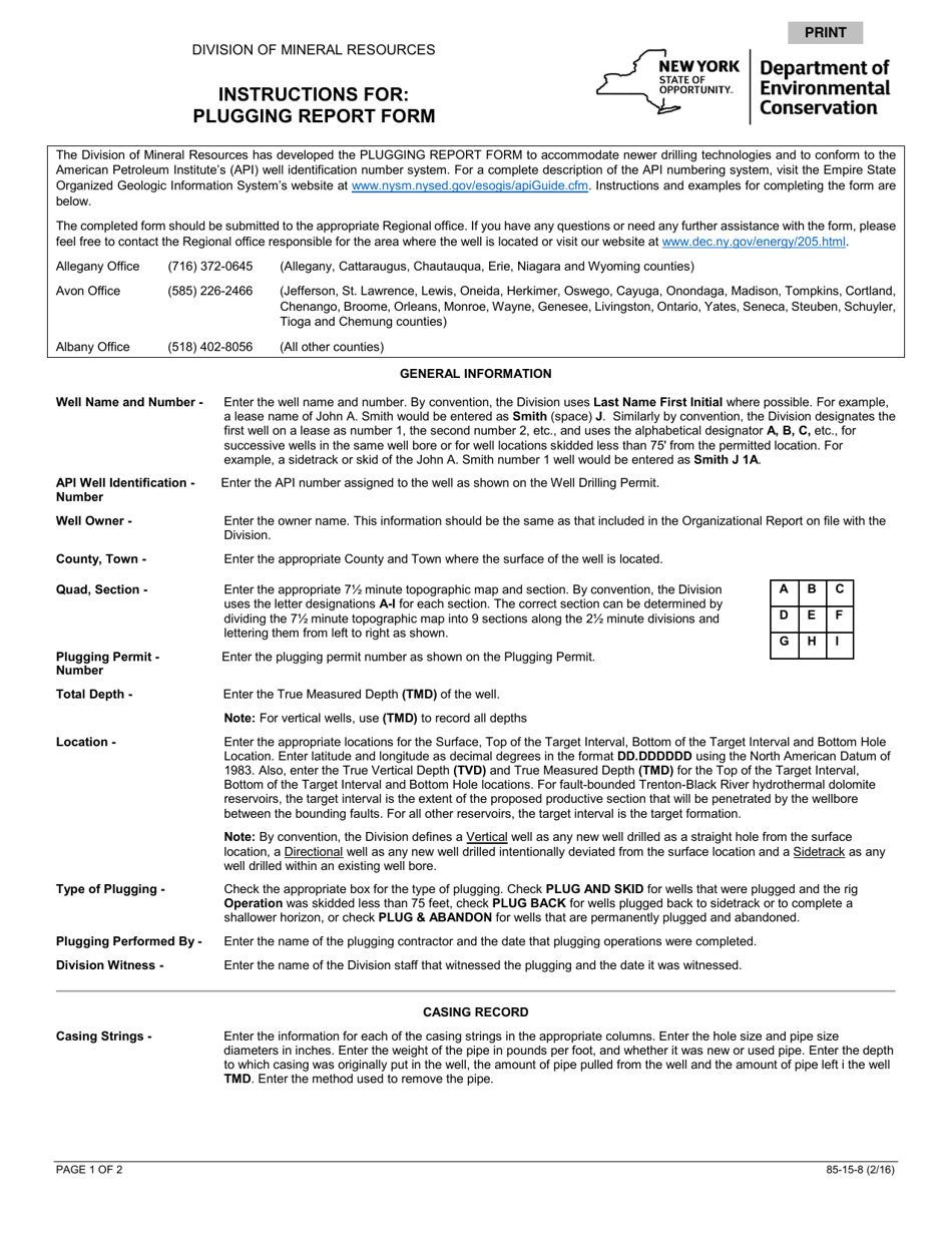 Instructions for Form 85-15-8 Plugging Report Form - New York, Page 1