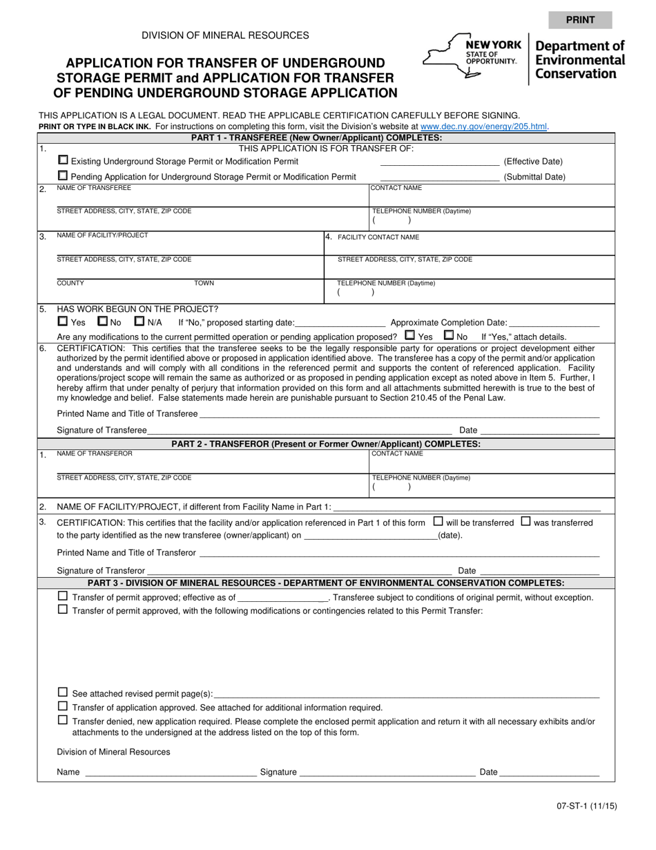 Form 07-ST-1 Application for Transfer of Underground Storage Permit and Application for Transfer of Pending Underground Storage Application - New York, Page 1