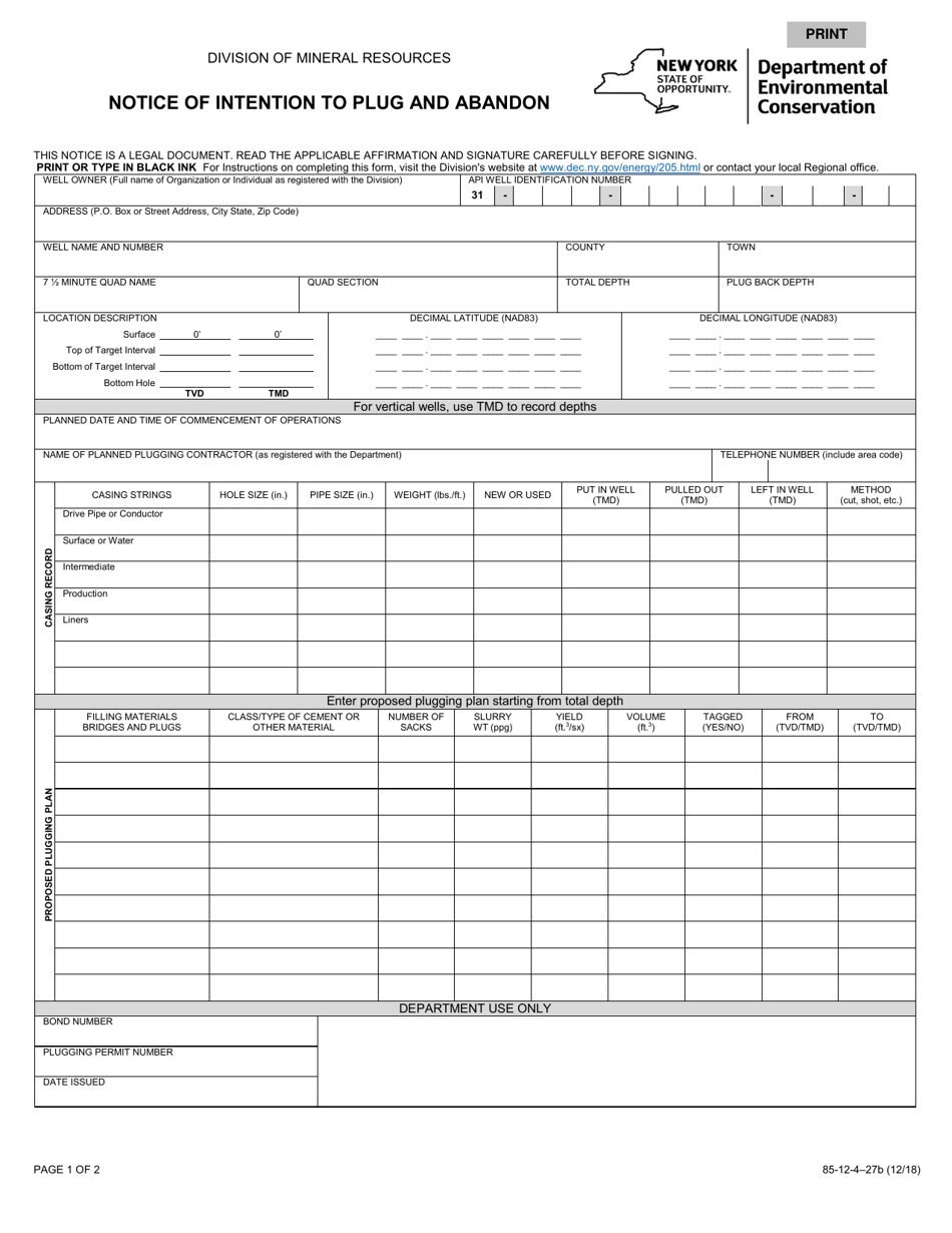 Form 85-12-4-27B Notice of Intention to Plug and Abandon - New York, Page 1