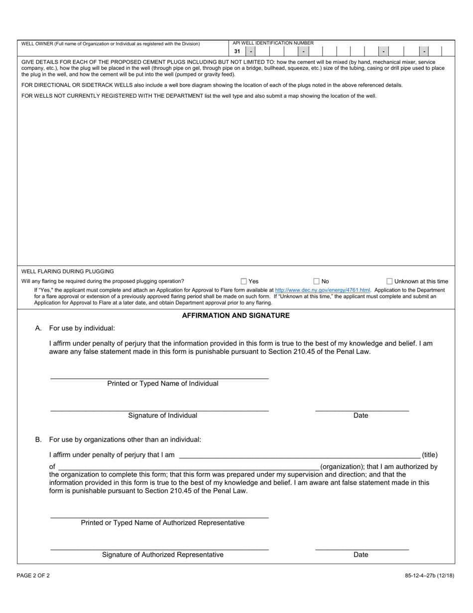 Form 85-12-4-27B Notice of Intention to Plug and Abandon - New York, Page 2