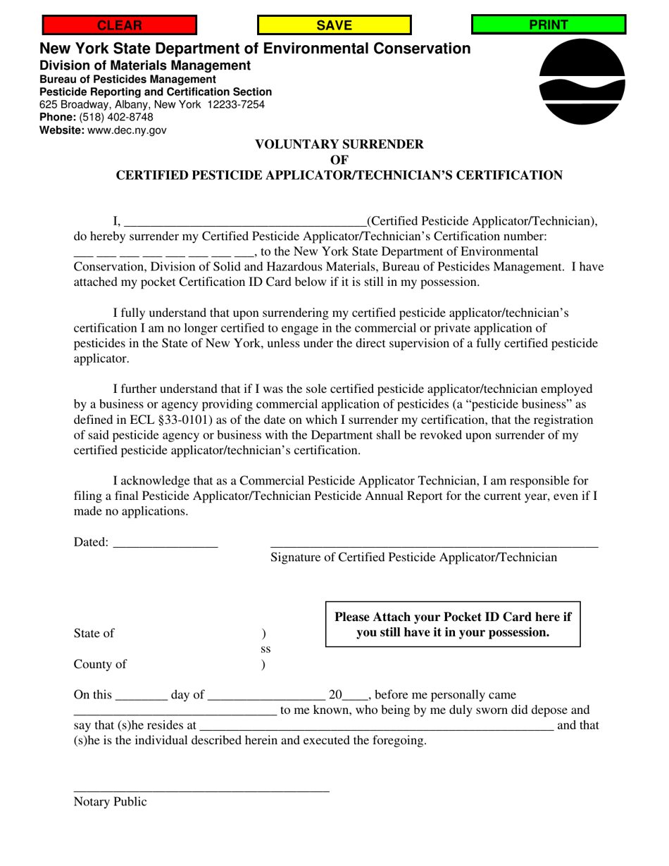 Voluntary Surrender of Certified Pesticide Applicator / Technicians Certification - New York, Page 1