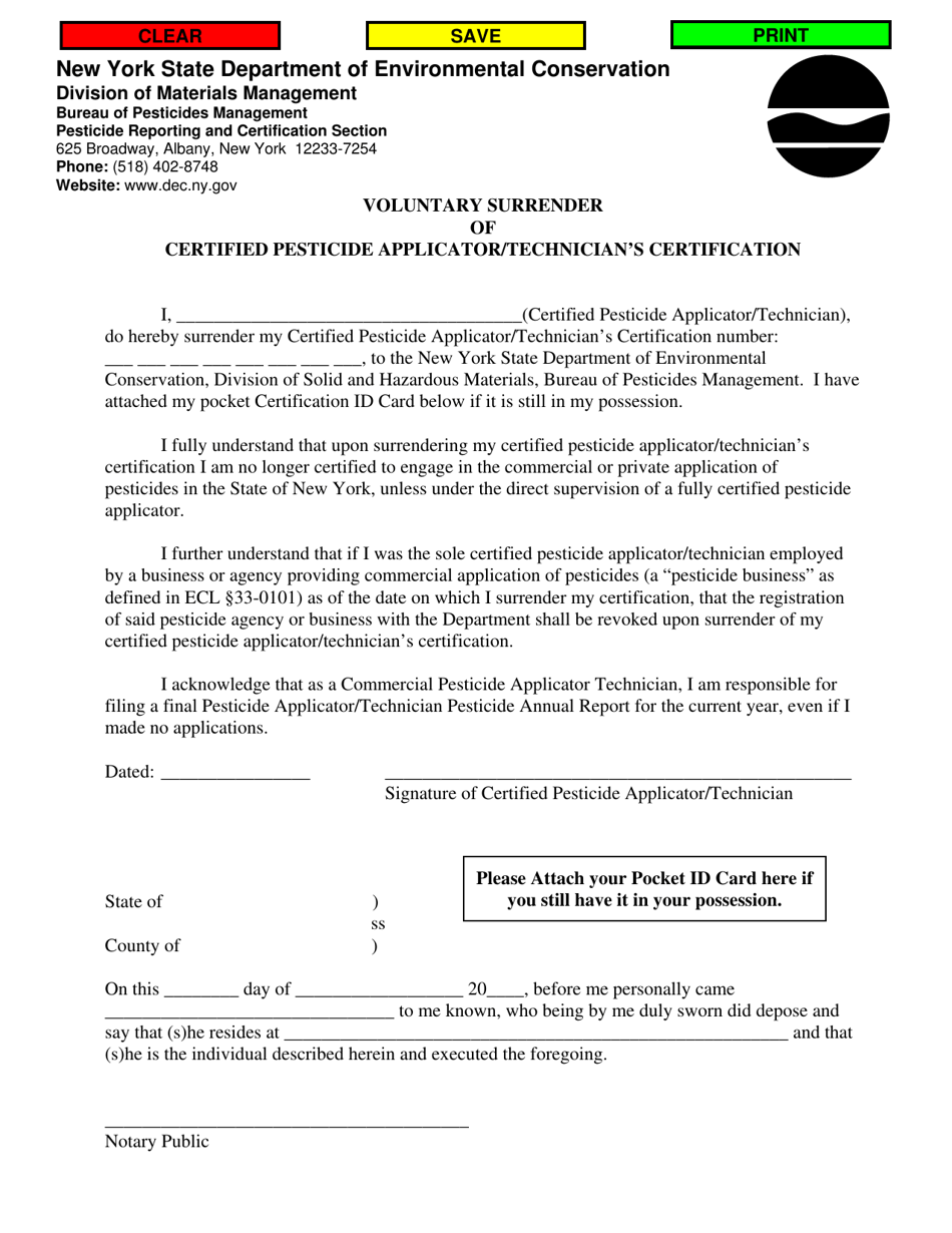 New York Voluntary Surrender of Certified Pesticide Applicator